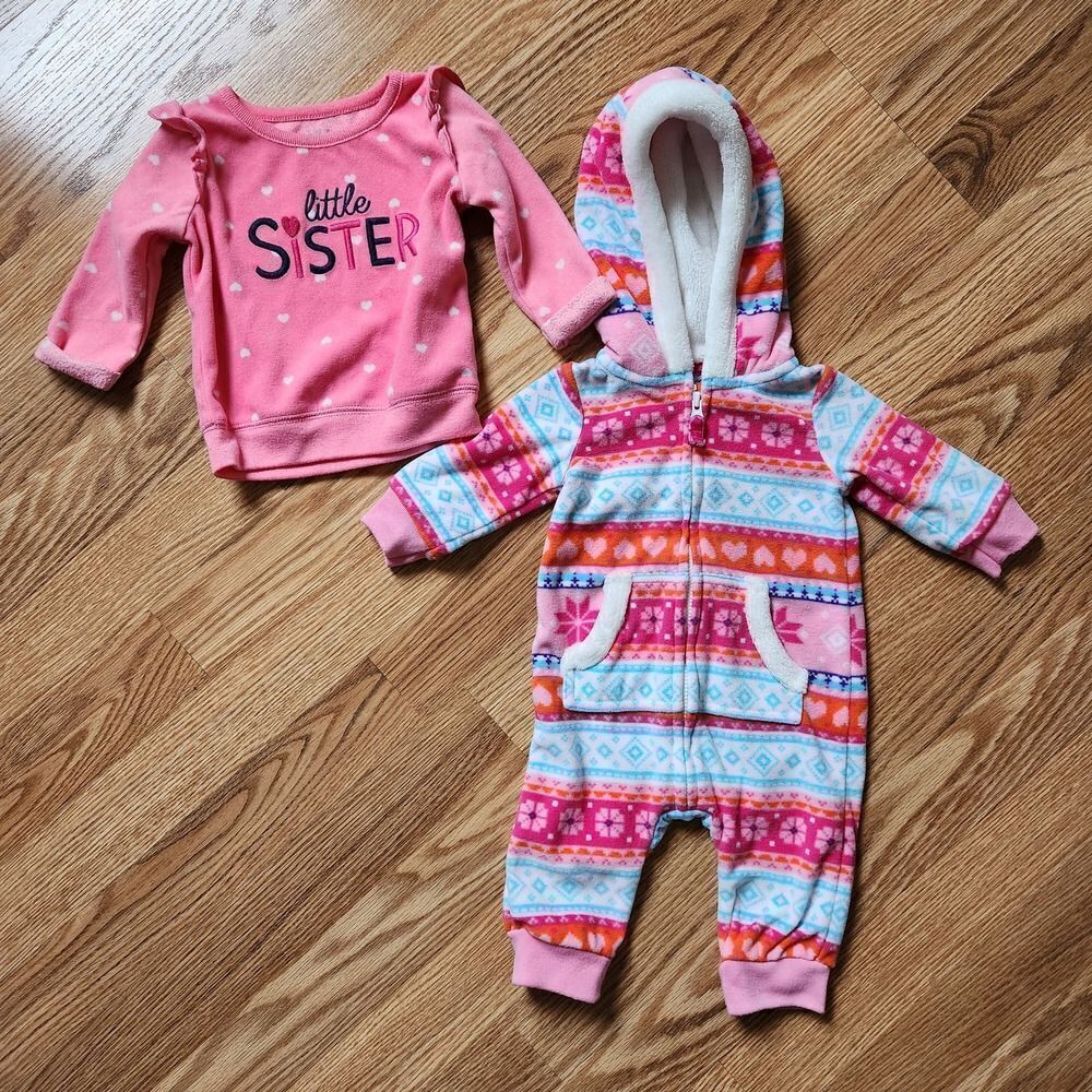 Infant Lot Baby Girl Hooded One Piece, Pullover Top 0-3M Pink White Long Sleeves
